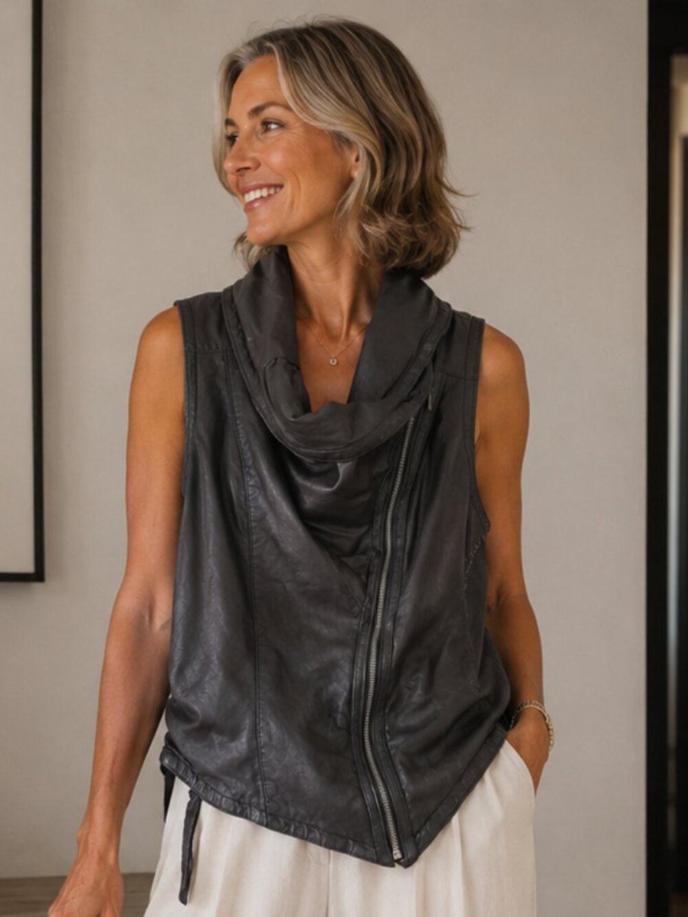 CORSON Lambskin Leather Asymmetric Zipper Biker Jacket Vest NWT!